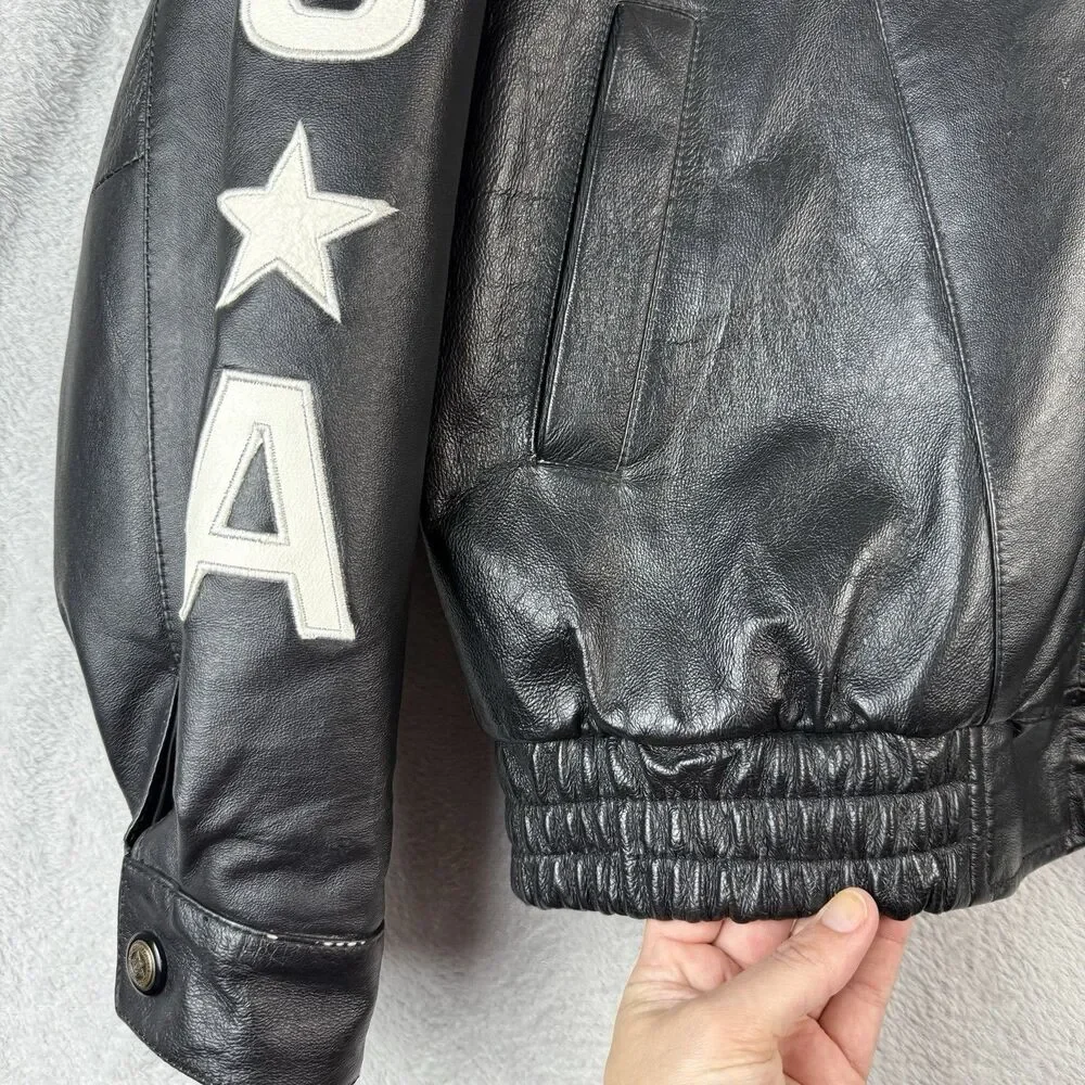 Vtg Leather Bomber Jacket Mens Medium Black USA Flag Biker Grunge Flight 80s 90s - Picture 5 of 14